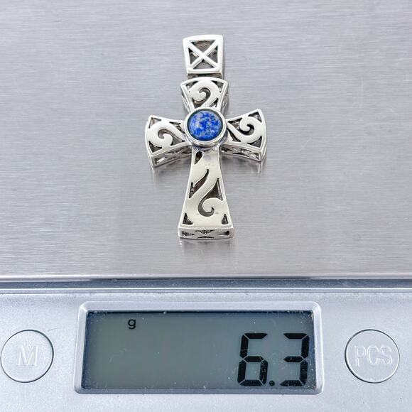 Estate Sterling Silver 925 Ornate Blue Lapis Lazuli Cross Pendant - Picture 8 of 8